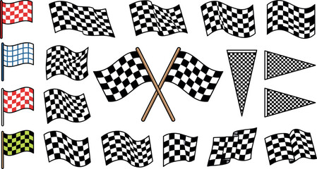 Fototapeta premium Racing Checkered Flag Vector Set with Crossed Waving Flags Checkerboard Pennants and Colorful Finish Line Grid Banners for Motorsport Graphic Designs