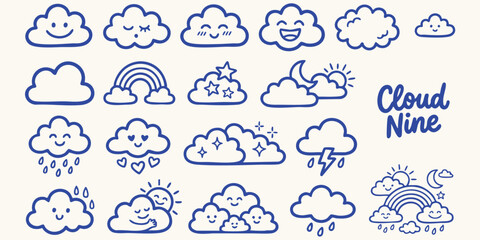 Fototapeta premium Whimsical cloud illustrations with smiling faces and weather elements on a cream background
