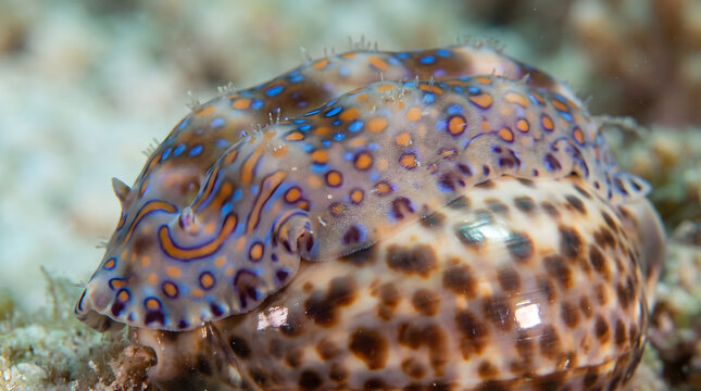 Tiger cowrie sea snail on coral reef underwater macro view