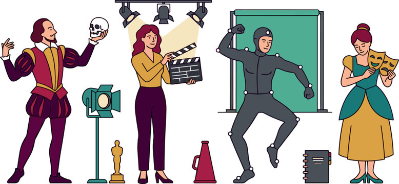 Theater Acting and Film Production Character Set with Actors, Director, Motion Capture, Stage Lights, and Masks Vector Illustration