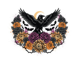 Naklejka premium Raven Floral Frame vector illustration isolated on white background