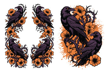 Naklejka premium Mystical Raven Flower Frame Vector Illustration Isolated on White Background