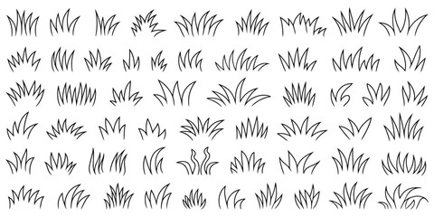 Naklejka premium Grass Line Doodle, Hand Drawn Meadow Outline, Black Lawn Brush Stroke, Garden Pattern, Herb Marker, and Nature Element, Vector, Designs