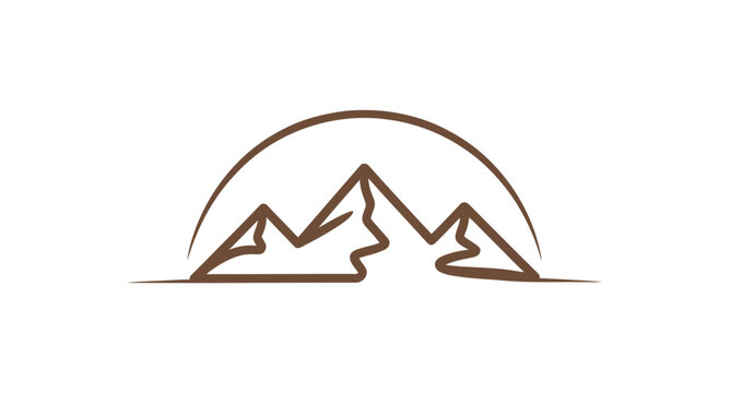 Minimal mountain landscape logo with snow capped peaks and curved horizon for outdoor adventure, travel, nature and tourism branding.
