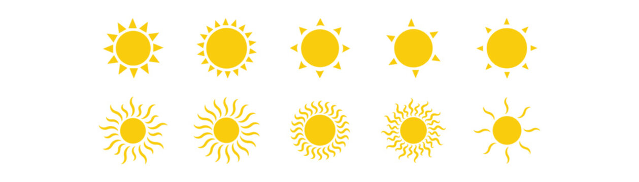 Yellow Sun Icon Set with Sunshine and Solar Rays. Decorative Full Sun Symbols on White Background. Perfect for sunshine, solar energy, and nature themes.