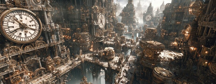 Intricate steampunk cityscape with clockwork architecture