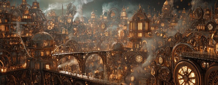 Steampunk city at night