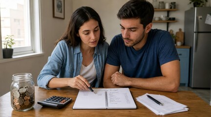 Obraz premium Young couple reviewing household finances and budget planner