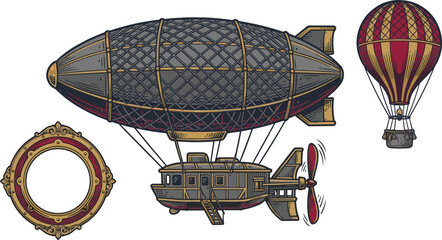 Steampunk Airship and Hot Air Balloon Vector Element Set Featuring Vintage Zeppelin Blimp Gondola Propeller and Ornate Antique Circular Frame Illustrations © Shuvo