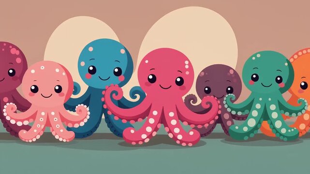 Cute colorful cartoon octopus characters standing in a row on a flat background