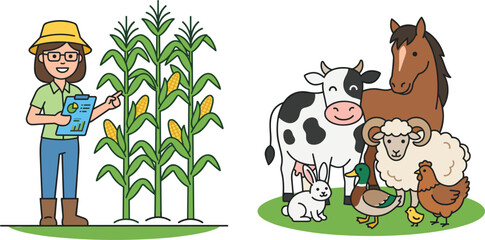 Fototapeta premium Cartoon Female Farmer Inspecting Corn Crops and Cute Farm Animals Group Vector Character Set for Agriculture and Livestock Concept Graphic Designs