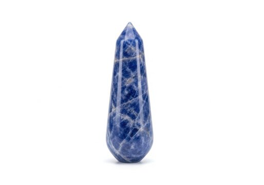 Blue sodalite crystal tower point on white background