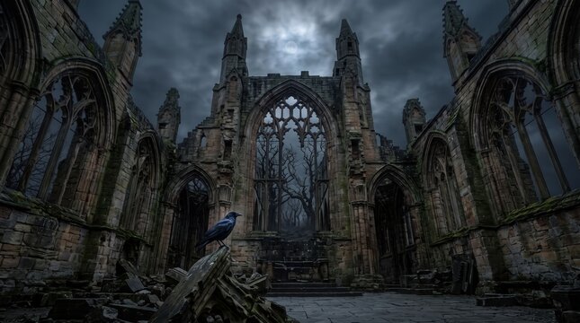Dark Gothic Crow Perched on Ruined Cathedral Stone Under Full Moon Cinematic Spooky Night Scene for Horror Fantasy Book Cover and Gaming Illustration