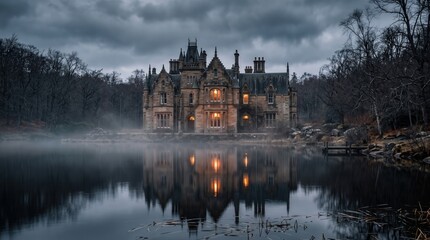 Obraz premium Dark Gothic Mansion at Dusk by a Foggy Lake with Glowing Windows and Water Reflection for Mystery and Horror Book Cover Design