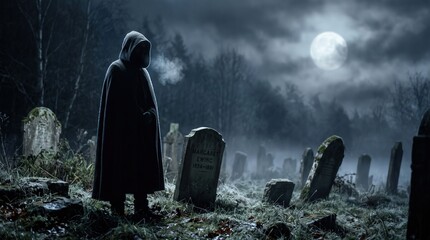 Naklejka premium Hooded Figure in Dark Cloak Standing in Foggy Cemetery at Night Under Full Moon for Gothic Horror Book Cover and Mystery Illustration