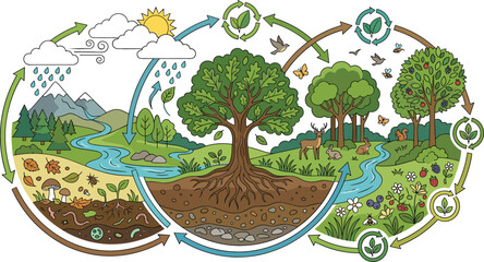 Forest Ecosystem Carbon and Water Cycle Vector Diagram with Trees, Wildlife, Soil Decomposition, and Rain Clouds for School Science Education Layouts