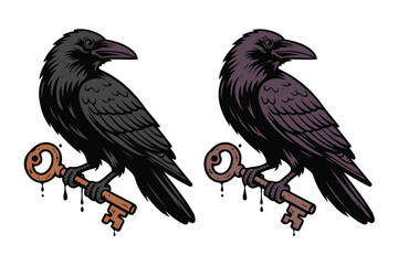 Naklejka premium Mysterious Raven with Old Key Gothic Fantasy Vector Illustration Isolated on White Background