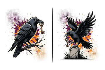 Naklejka premium Raven holding old rusty key vector illustration isolated on white background