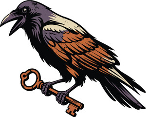 Naklejka premium Black Raven Holding Vintage Key Vector Illustration Isolated on White Background