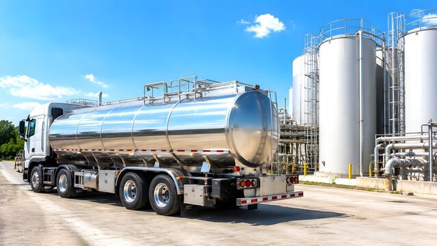 Fuel tanker truck at biofuel refinery under blue sky