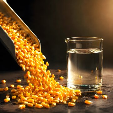 Corn kernels pouring beside glass of ethanol biofuel