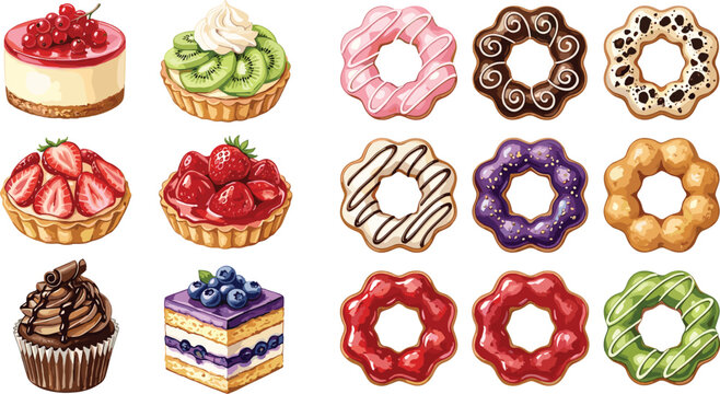 Watercolor Style Dessert Vector Set Featuring Glazed Pon De Ring Mochi Donuts Fruit Tarts Strawberry Cheesecakes and Blueberry Cake Slices for Cafe Menus