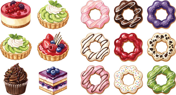 Exquisite Watercolor Pastry Vector Collection Featuring Glazed Mochi Pon De Ring Donuts Fruit Tartlets Layered Blueberry Cakes and Gourmet Chocolate Cupcakes