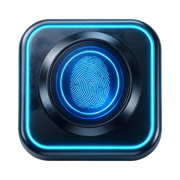 Biometric fingerprint scanner icon with blue neon glow isolated on white and transparent background