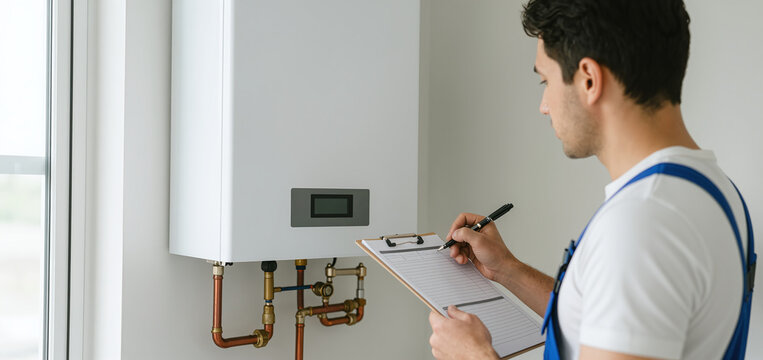 Technician holding clipboard writing report about water heater service inspection in home