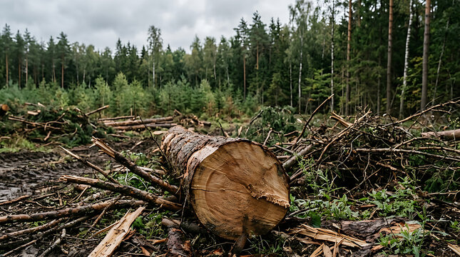 Fallen tree trunk in a deforested forest area.