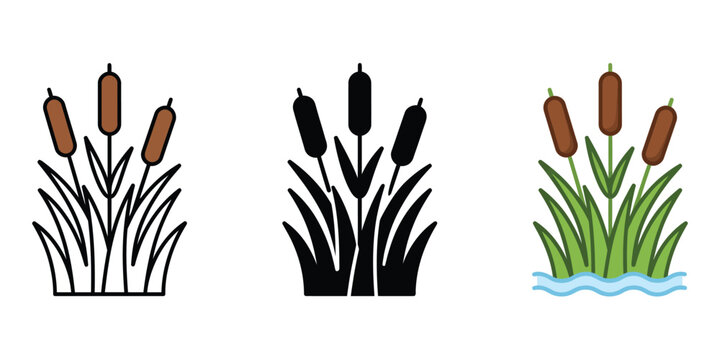 Cattail Reeds Swamp Plant Icon Set editable stroke &mdash; A set of cattail reed plants growing in marsh grass, presented in outline, black silhouette, and colored vector styles, perfect for nature.
