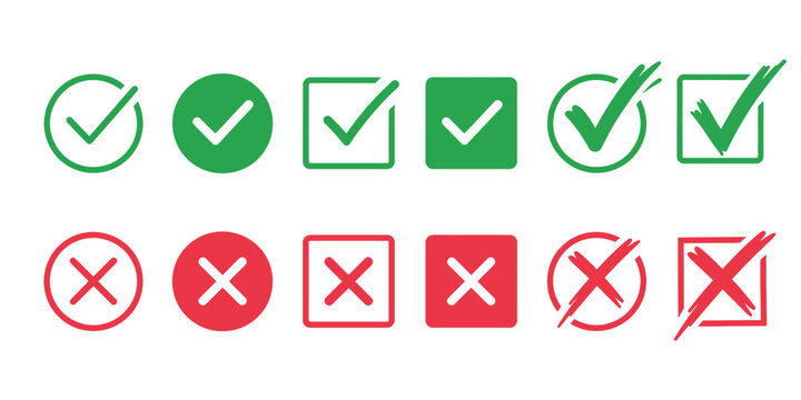 Check Cross Mark Icon Set editable stroke &mdash; A set of green check marks and red cross icons in circular and square frames, featuring line, solid, and brush stroke styles for validation, approval.