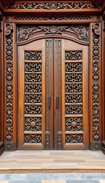 Carved wooden lattice doors with intricate designs and patterns, temple, door