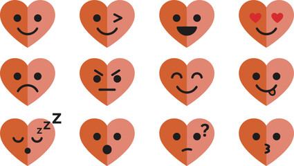 Naklejka premium Heart Emoji Character and Emotion Mascot Vector Flat Icon Set Featuring Happy Wink Sad Angry Kiss Sleeping Surprised Confused Heart Shapes