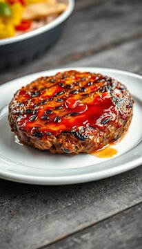 Cooked burger patty on a white plate, glistening with juices, ||Juicy Beef Patty, Food Photography