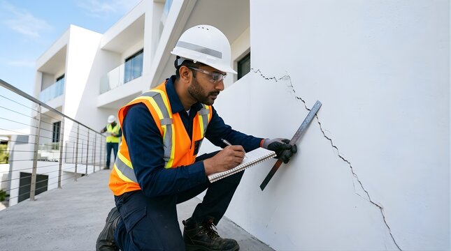 Professional engineer inspecting wall cracks at construction site exterior