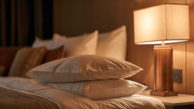 Soft white pillows on a comfortable bed with warm nightstand lighting isolated on transparent background. Perfect concept for hotel stay and relaxing sleep lifestyle.