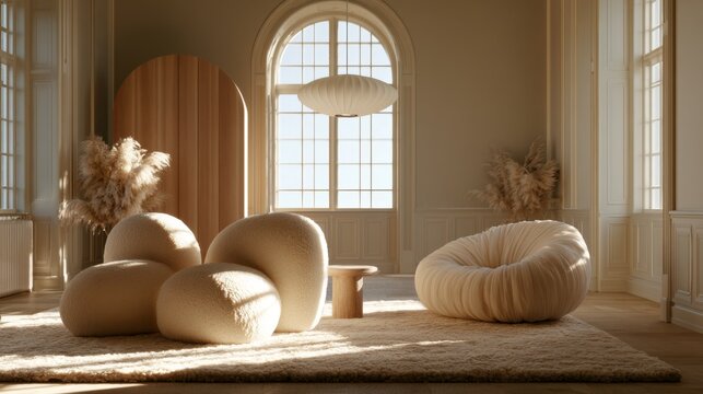 Cozy and Modern Living Room with Soft Textured Furniture and Natural Light, Ideal for Interior Design Inspiration and Contemporary Aesthetic