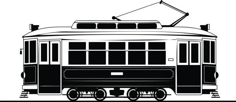 Black and white silhouette of a vintage tram with pantograph trolley transportation public transport