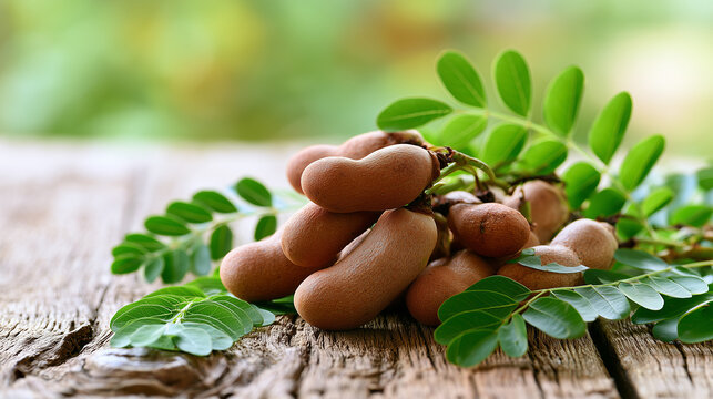 Fresh ripe tamarind pods arranged on rustic wooden surface with green leaves
