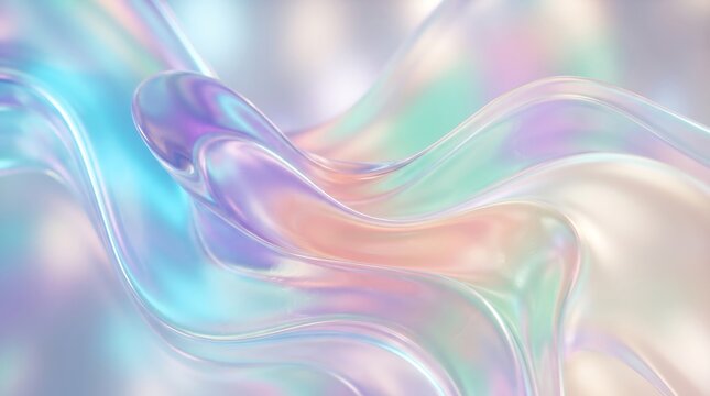 Abstract background with flowing liquid glass ripples reflecting soft pastel rainbow colors in a smooth wavy pattern perfect for creative design projects