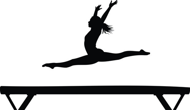 Black silhouette of a female gymnast performing a split leap over a balance beam gymnastics woman