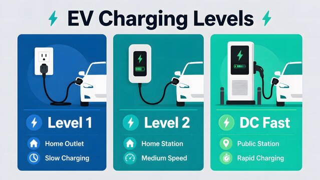 Electric vehicle charging levels comparison diagram with speeds