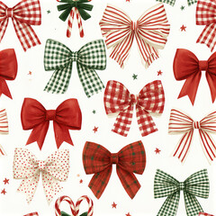 Fototapeta premium Vintage Christmas bow pattern with red and green buffalo checks and stripes, festive holiday decoration with candy canes