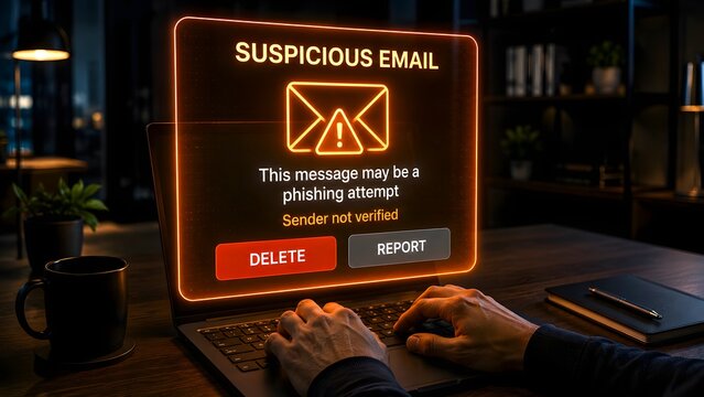 Suspicious email phishing warning on laptop screen at desk