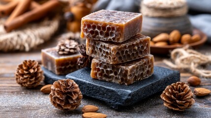 Fototapeta premium Natural soap bars stacked on dark stone with wood elements and herbal ingredients surrounded by pine cones and almonds, rustic aesthetic setting