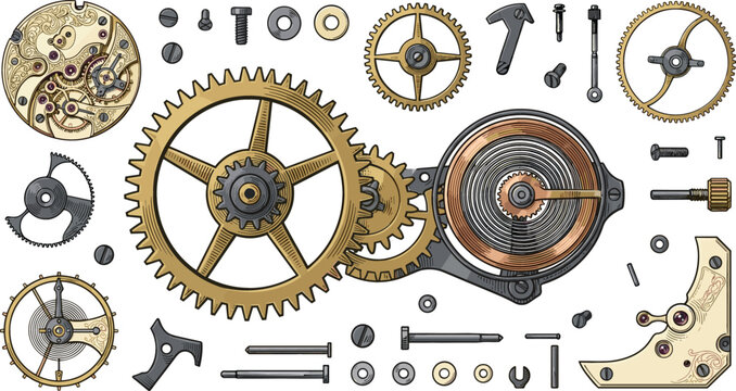 Vintage Watch Mechanism and Clockwork Gear Element Set with Steampunk Brass Cogs Wheels Screws and Springs for Industrial Machine Graphic Designs