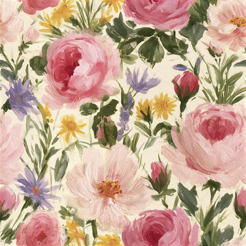 Vintage floral pattern with loosely painted pink roses and wildflowers creating soft, romantic cottagecore style background