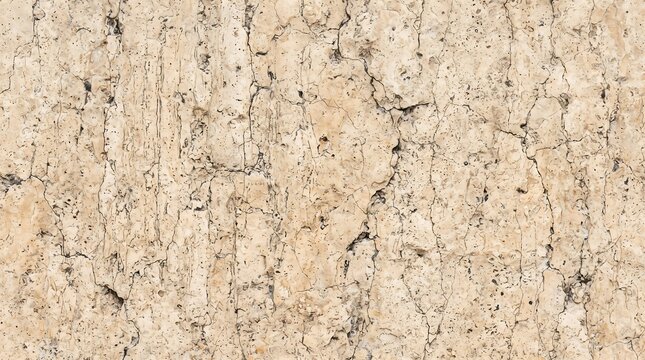 Natural beige limestone stone wall surface with rough textures and deep organic cracks showing detailed geological patterns for architectural design backgrounds