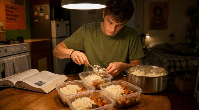 student meal prep with containers of rice and vegetables